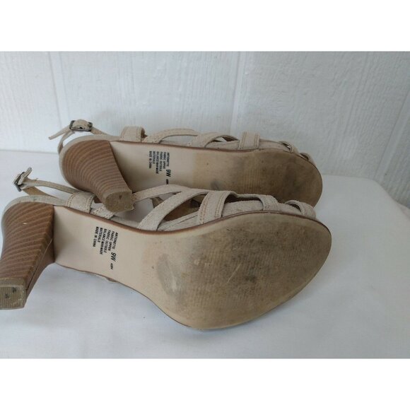 Cloud Walkers Antoinette Tan Vegan Suede Strappy T-strap 4" High Heels Sz 9 W - Picture 6 of 9